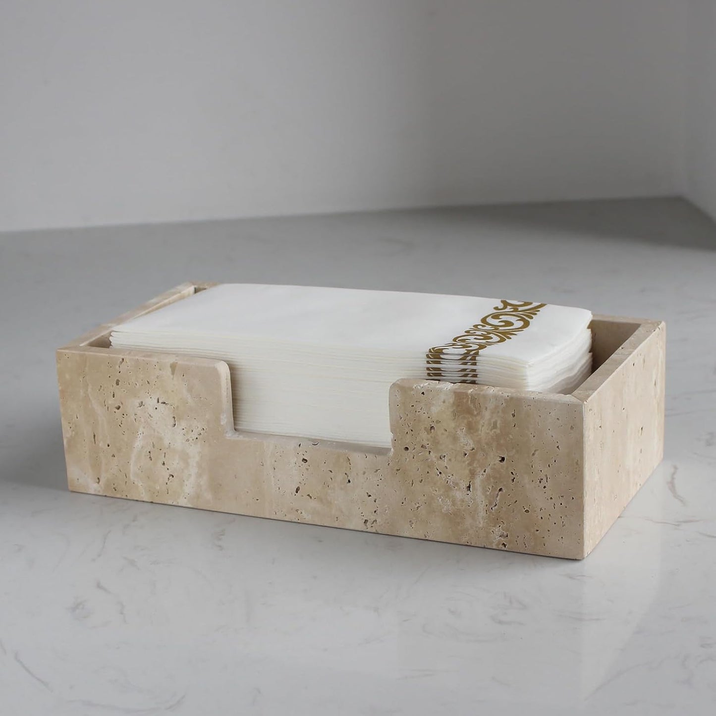 Natural Travertine Napkin Holder 9.8"x4.9"x2.8", Guest Towel Holder, Paper Hand Basket for Bathroom/Kitchen/Restaurant