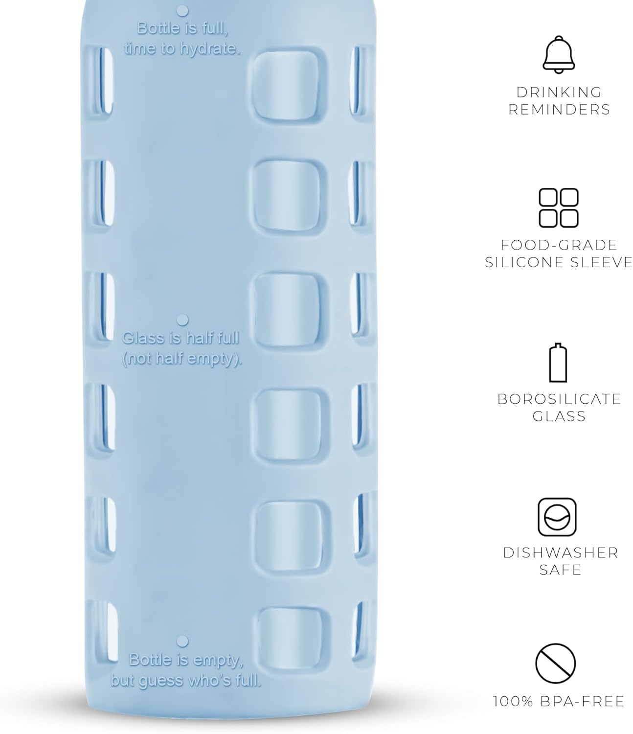 purifyou 40oz / 32oz / 22oz / 12oz Borosilicate Glass Water Bottle with Time & Volume Markers, Silicone Sleeve, Stainless Steel Lid – Reusable Glass Bottle for Water & Juice (12oz Ice Blue)