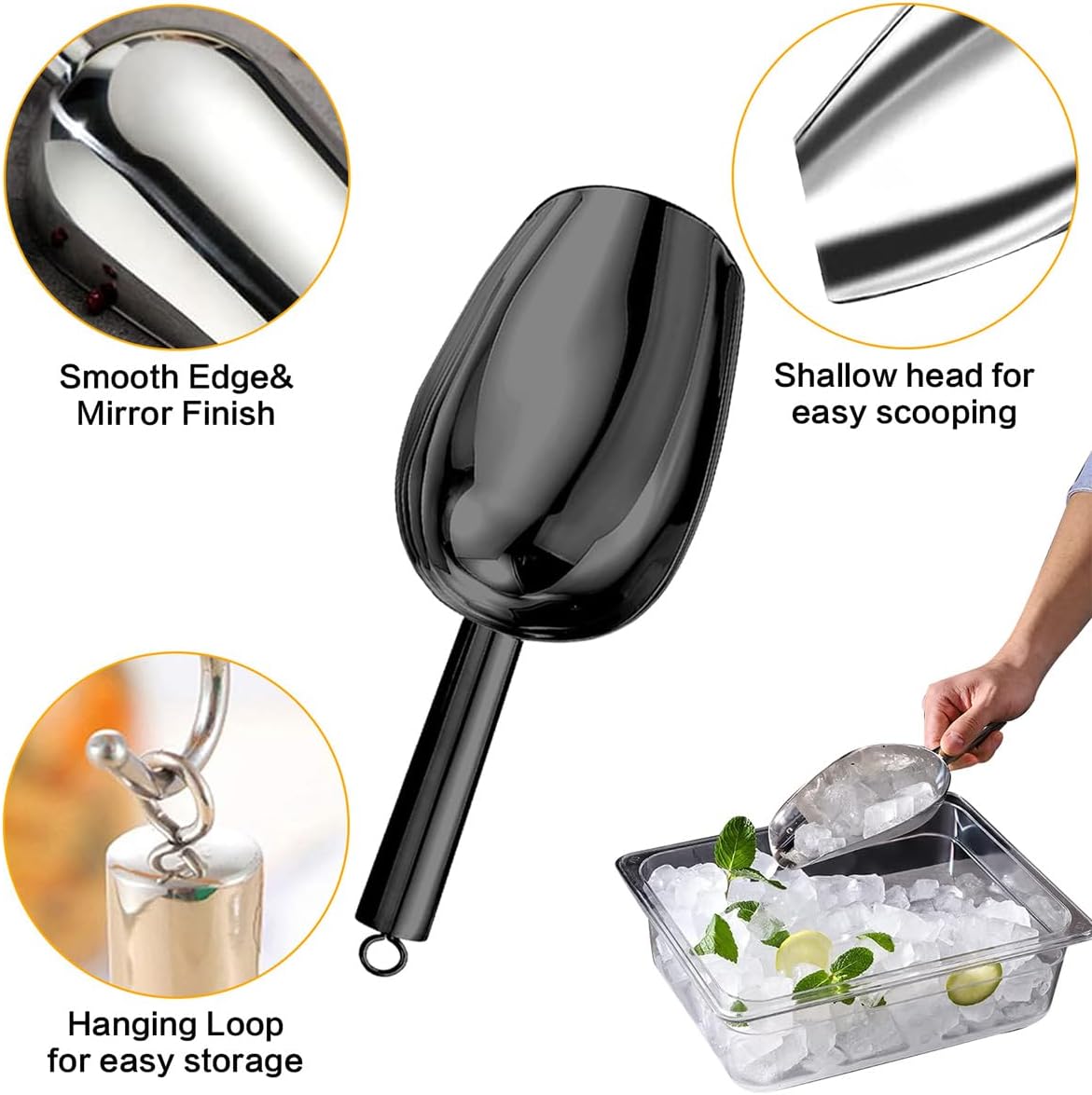 Metal Ice Scoop，Kitchen Ice Scooper for Ice Maker,Stainless Steel Small Ice Scooper for Freezer，Kitchen Gadgets Cookie Flour Pet Dog Food Scoop (black, 3oz)