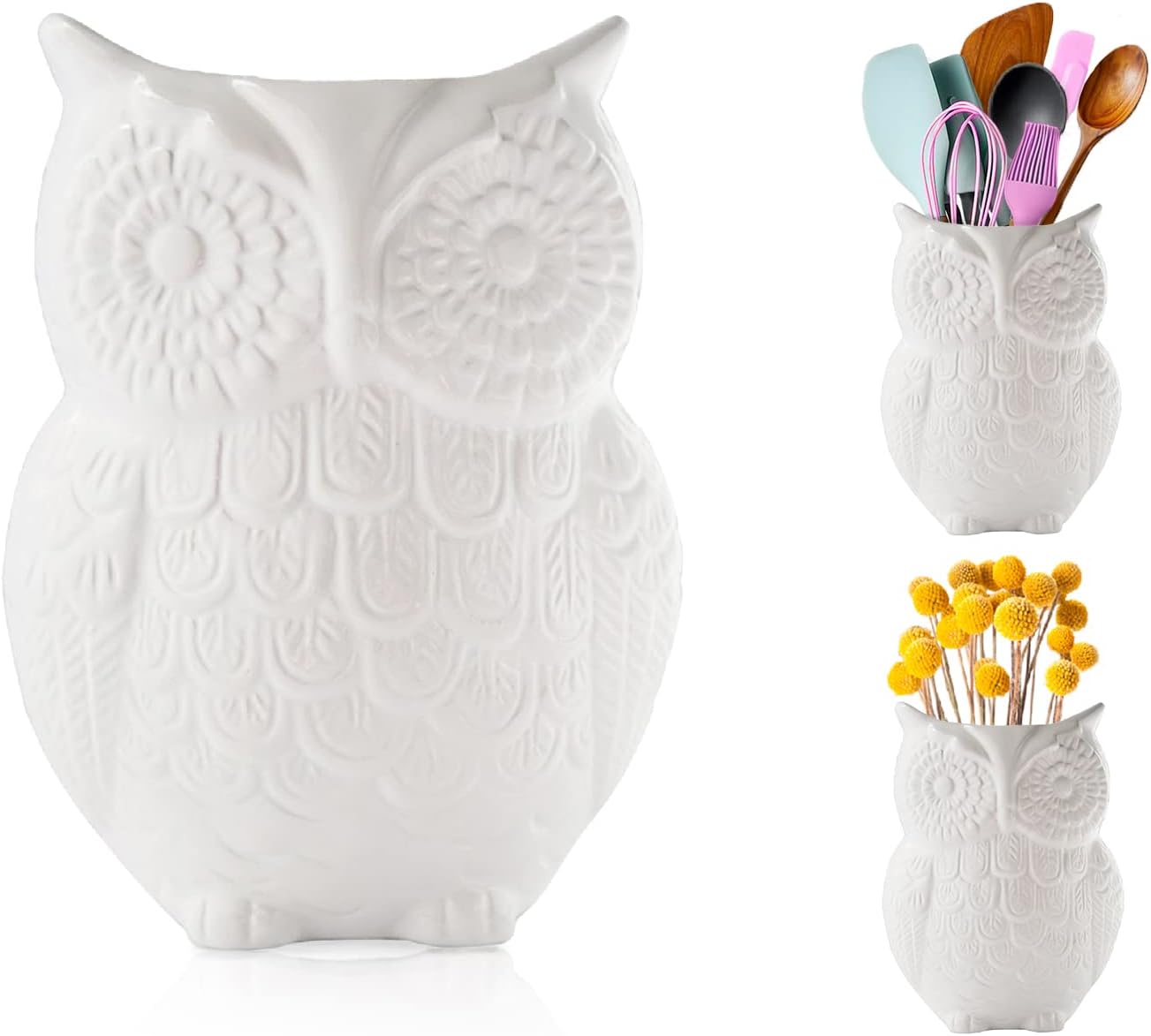 Comfify Owl Utensil Holder Decorative Ceramic Cookware Crock & Organizer, in Lovely White Color - Utensil Shaped Caddy and Perfect Kitchen Ceramic Decor Gift for Countertop - 5” x 7” x 4” Size
