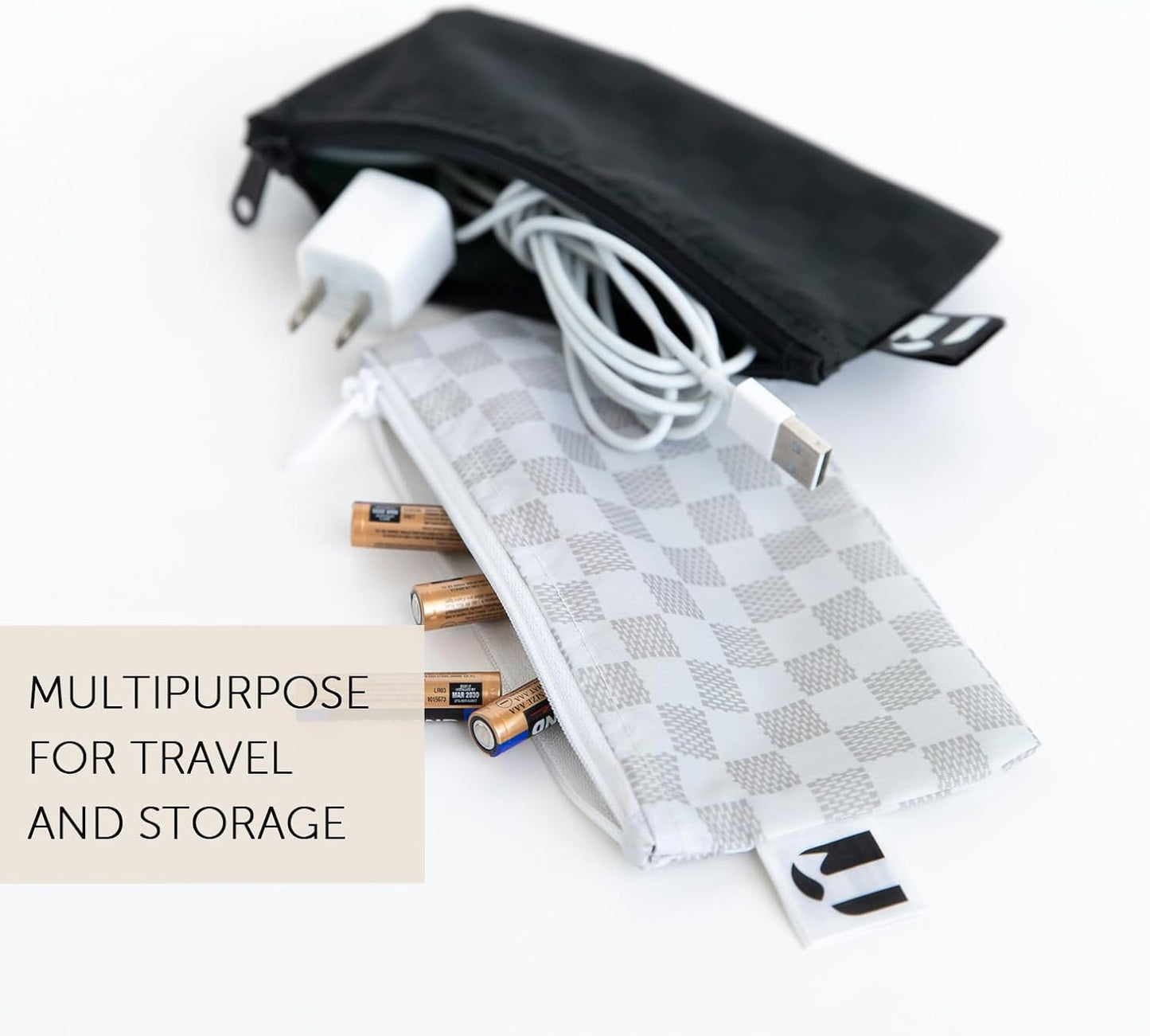 Roamio Reusable Sandwich and Snack Bags, for Kids School Lunch and for Adults Portion, Washable Fabric, Waterproof Cloth Zip Bag, Travel Pouch, Food-Safe Storage,4-pack Set Black Check and Off White