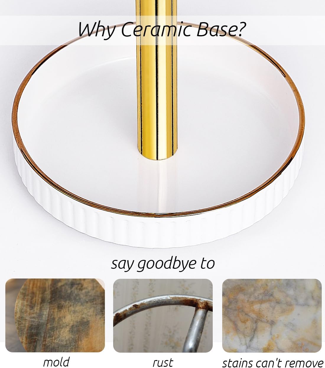 VROOMIUM Gold Paper Towel Holder Countertop, Ceramic Base Easy-to-Clean, 1.5 lbs, 7" B x 12.5" H, Stable Elegant and Durable Kitchen Roll Stand