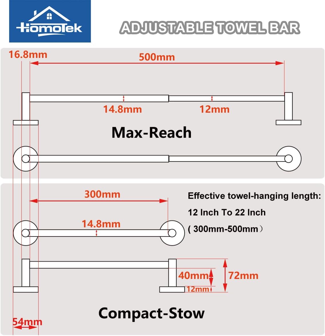 2 Pack Adjustable Towel Bar, HOMOTEK Economical Bathroom Towel Holders, Towel Rod Size from 12 Inch to 22 Inch Single Towel Racks, Wall Mount Towel Rail, Hanger Towel Hook for Kitchen(Matte Black)