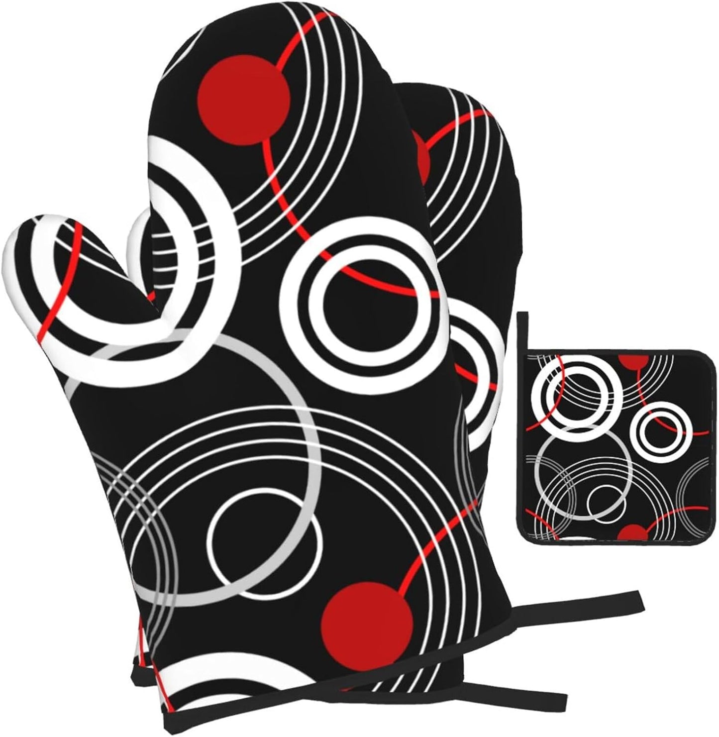 Modern Black Red Retro Oven Mitts and Pot Holders Sets of 3 Abstract Modern Hot Pads Heat Resistant Non Slip Washable for Cooking Grilling Baking BBQ Kitchen Decor
