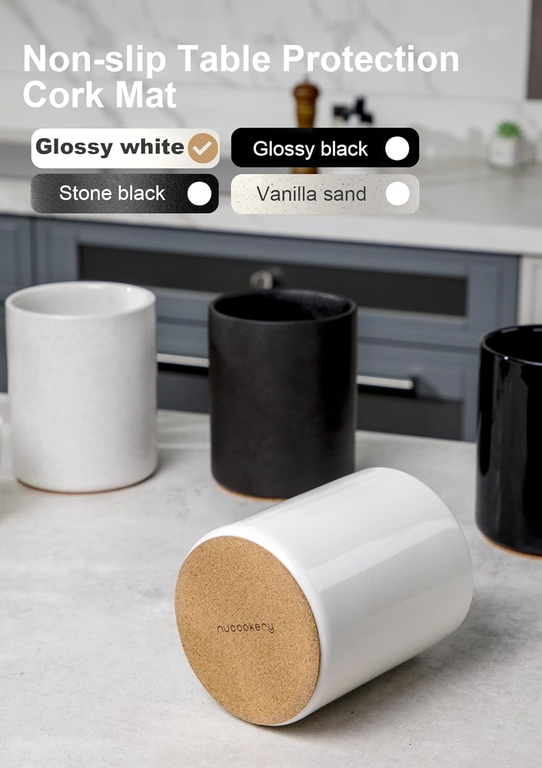 Nucookery Utensil Holder, 6.4" Ceramic Kitchen Utensil Holder with Countertop-Protection Cork Bottom, Farmhouse Kitchen Decor for Counter, Gift (White)