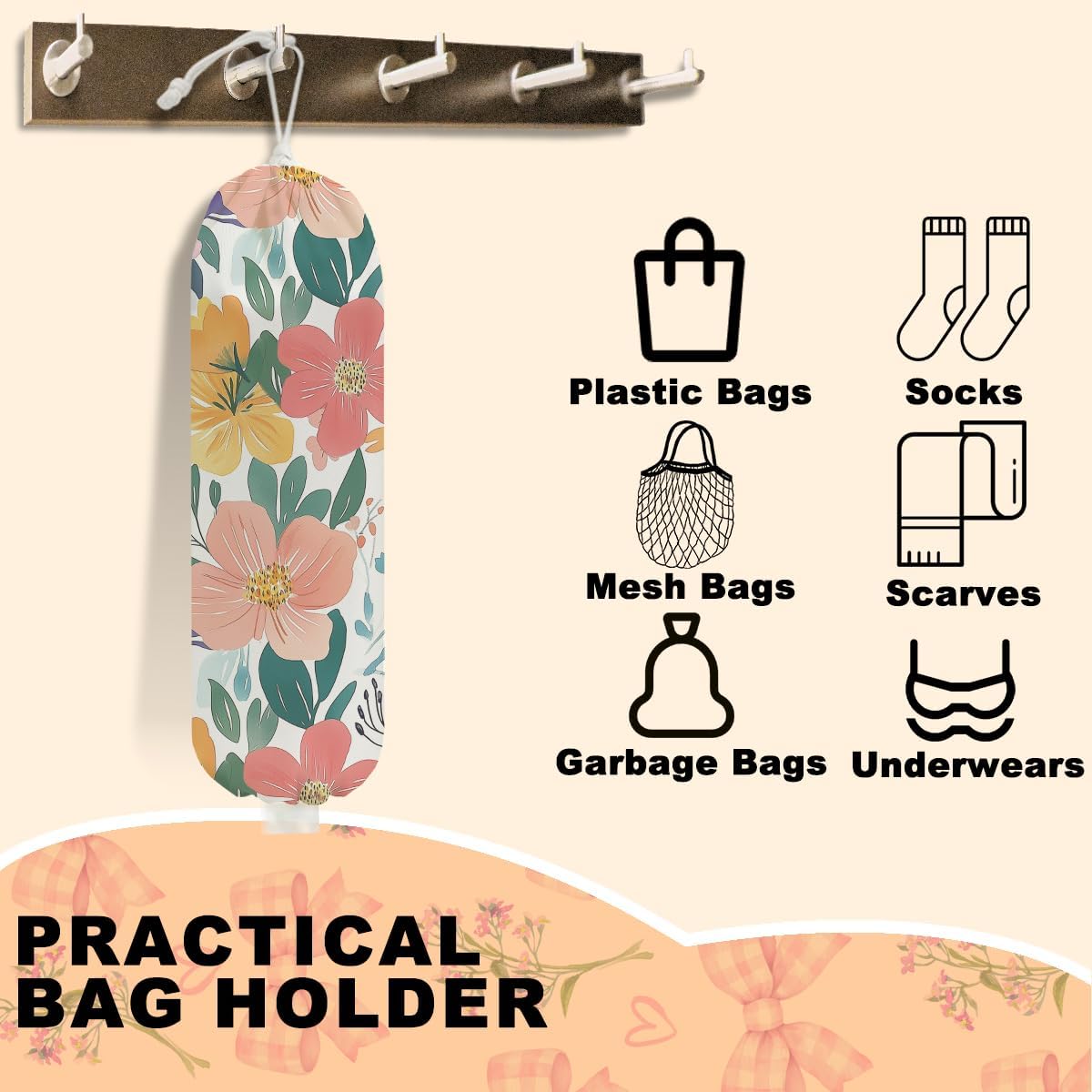 2Pcs Watercolor Flower Plastic Bag Holder, Wall Mount Grocery Bag Holder for Plastic Bags, Colorful Floral Reusable Grocery Bags Storage Dispenser for Home Kitchen Decor, Flower Gifts for Women Mom
