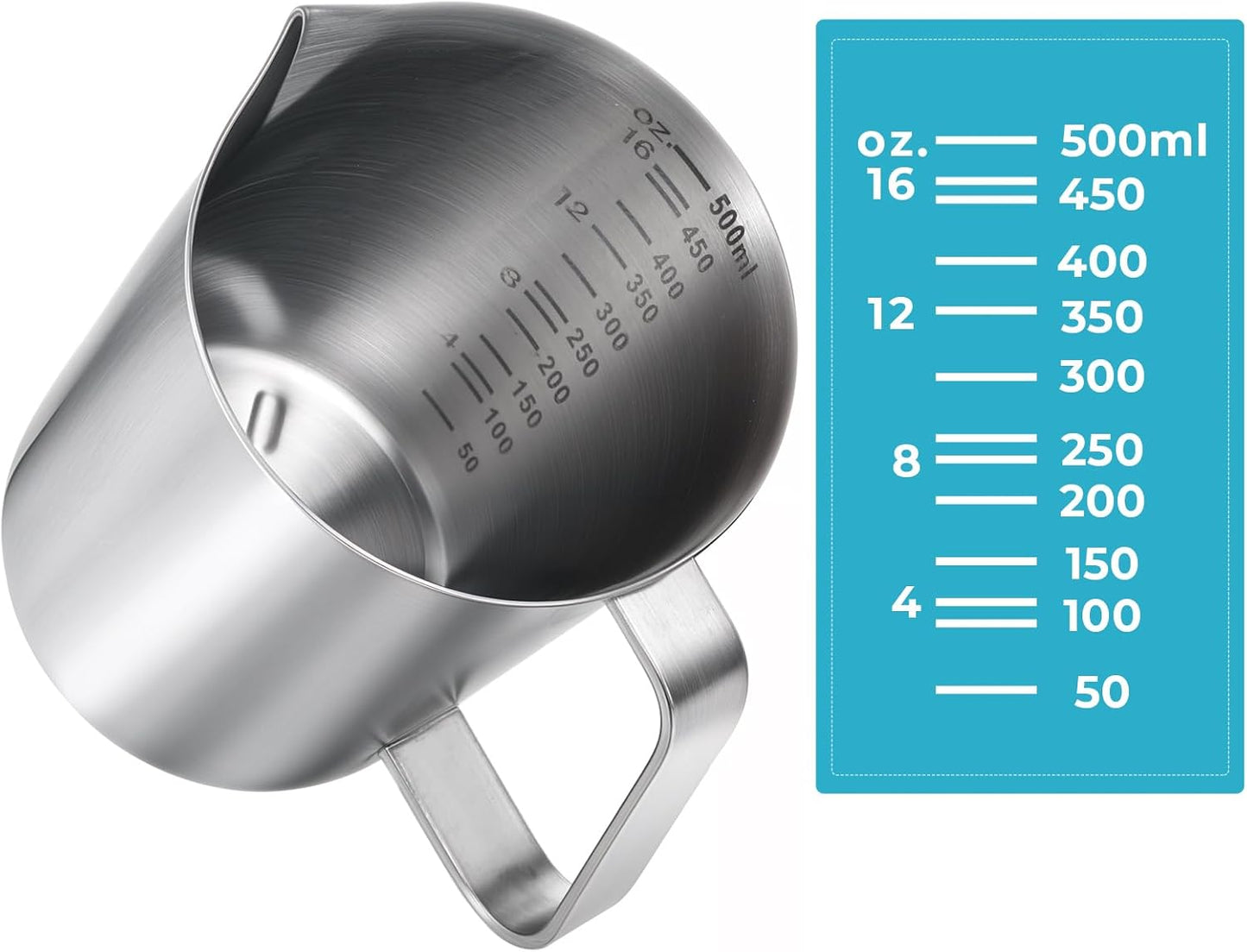 2 Pcs Stainless Steel Measuring Cup with Handle and Pour Lip, Metal Pitcher with Oz and ML marking, 16OZ/500ML), Heavy-Duty Pitcher