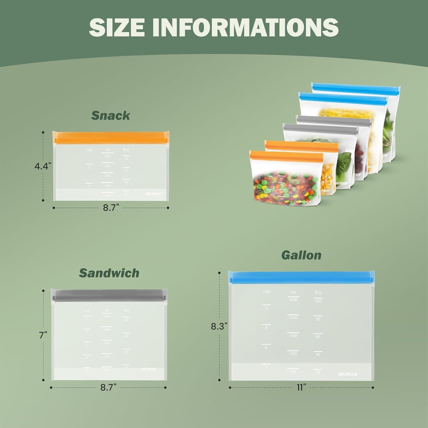 Dishwasher Safe Reusable Storage bags Stand Up - BPA Free Reusable Sandwich bags - Leakproof Gallon Freezer bag, Food Storage bag - Grey 9 Sandwich