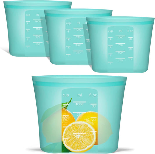 Reusable Freezer Bags Quart Size, 4 Pack, 100% Silicone Stand Up Ziplock Reusable Silicone Food Storage Bags Sandwich Bags Containers, Freezer Microwave Oven Dishwasher Safe, Aqua, 33.8fl.oz