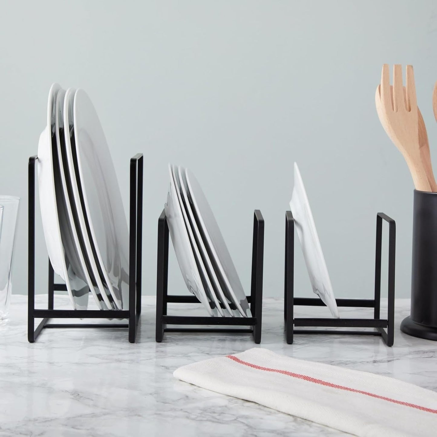 Juvale 3-Piece Kitchen Cabinet Organizer Shelf - Black Iron, 2 Sizes for 8" & 10" Plates - Cutting Board Organizer, Pot Lid & Paper Plate Holder