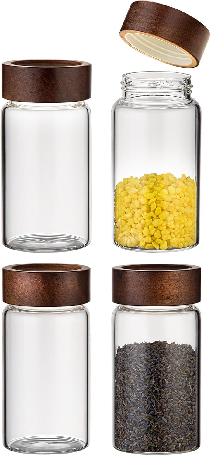 Large Glass Coffee Jars, Round Storage Canister with Wooden Lid Clear Glass Food Jar for Pantry Sugar Tea Coffee Bean Spice Nuts Cookies Bath Salts (4×250ml(8.4oz))