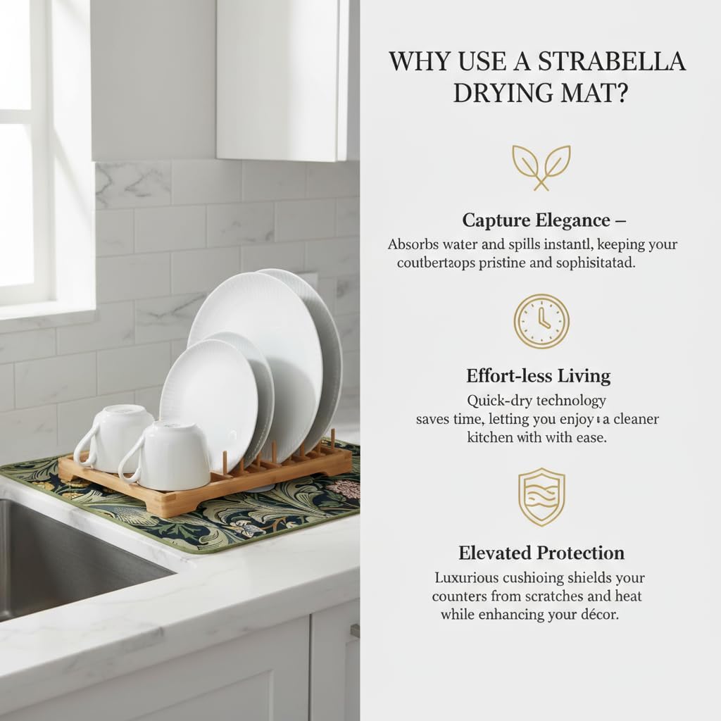 Dish Drying Mat Super Absorbent – 16" x 18" Coffee Mat for Countertops – Non-Slip Drying Mat for Kitchen Counter – Easy to Clean Water Absorbent Mat – Quick Dry Dish Mats (Green Flowers)