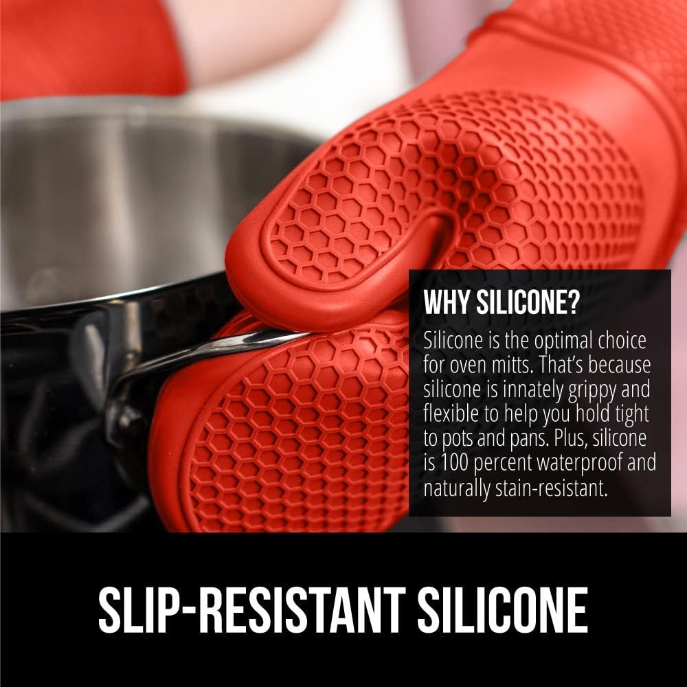 GORILLA GRIP BPA-Free Soft Silicone Oven Mitts, Heat Resistant and Waterproof Cooking Gloves, Thick Cotton Lining, Flexible Gripping for Baking Grilling, Kitchen Potholders Set of 2, 12.5x8.3, Coral