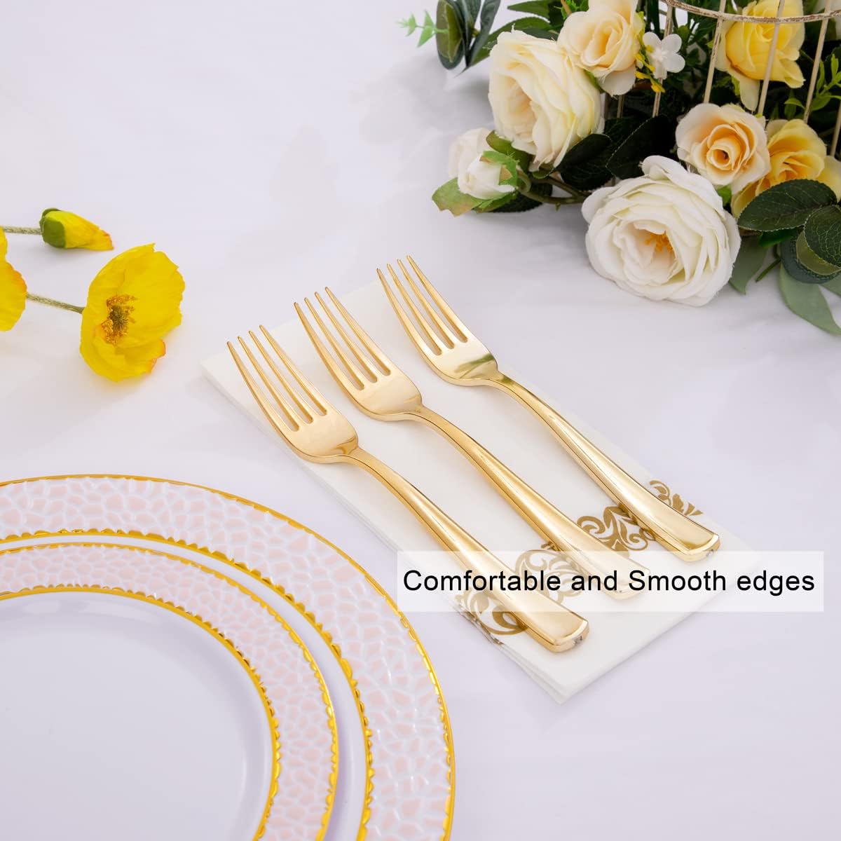 Liacere 200pcs Gold Plastic Forks - Heavyweight - 7.4 Inch Heavy Duty Plastic Forks - Gold Plastic Silverware Perfect For Parties & Weddings & Restaurants & New Year And Daily Using