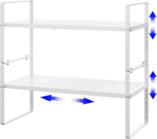 Expandable Kitchen Shelf Organizers, Kitchen Cabinet Organizer Stand Rack Organization for Countertop Cupborad Pantry, White 2 Pack