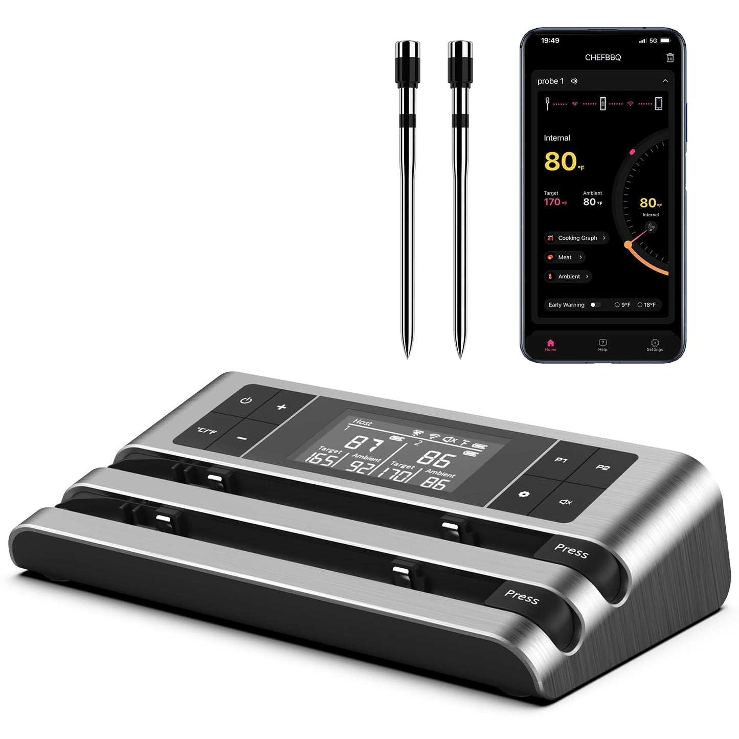 Wireless Smart Meat Thermometer with Dual-Sensor Probe, 500FT Remote Monitoring, Dedicated App, Real-Time Ambient and Food Temperature Tracking for Precise Cooking Control
