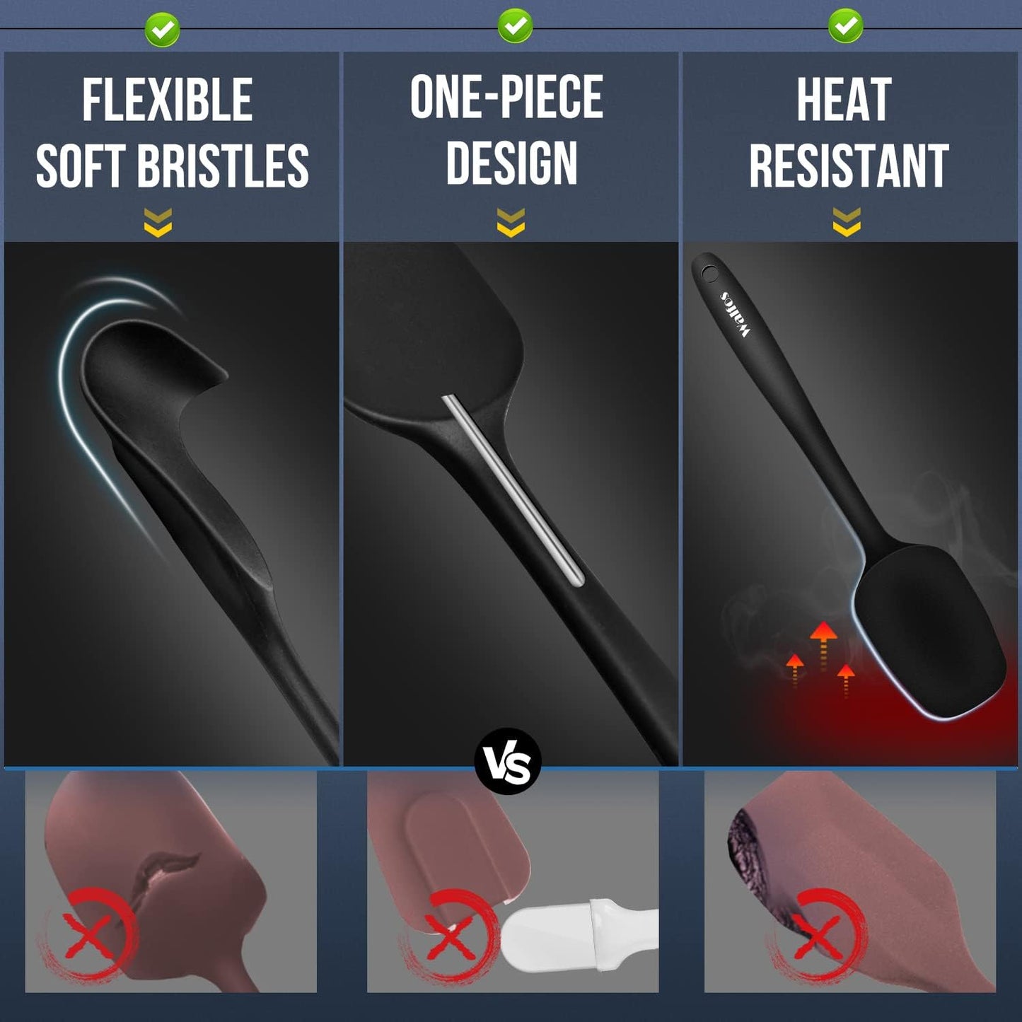 Walfos Silicone Spatula Set of 5 - (600°F) High Heat Resistant Kitchen Scraper Spatulas, One-Pieces Seamless Design, Perfect for Cooking Mixing & Baking - BPA Free and Dishwasher Safe,black