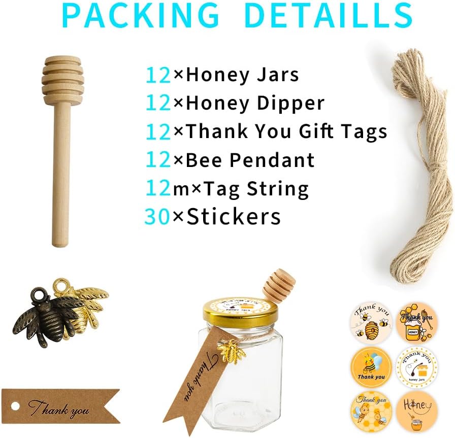 12 Pack 4oz Glass Hexagon Honey Jars Golden Lids - Extra Wooden Honey Dipper Sticks, Bee Charms, Tag String, Thank You Gift Tags, Stickers (Bronze 12 Sticker)