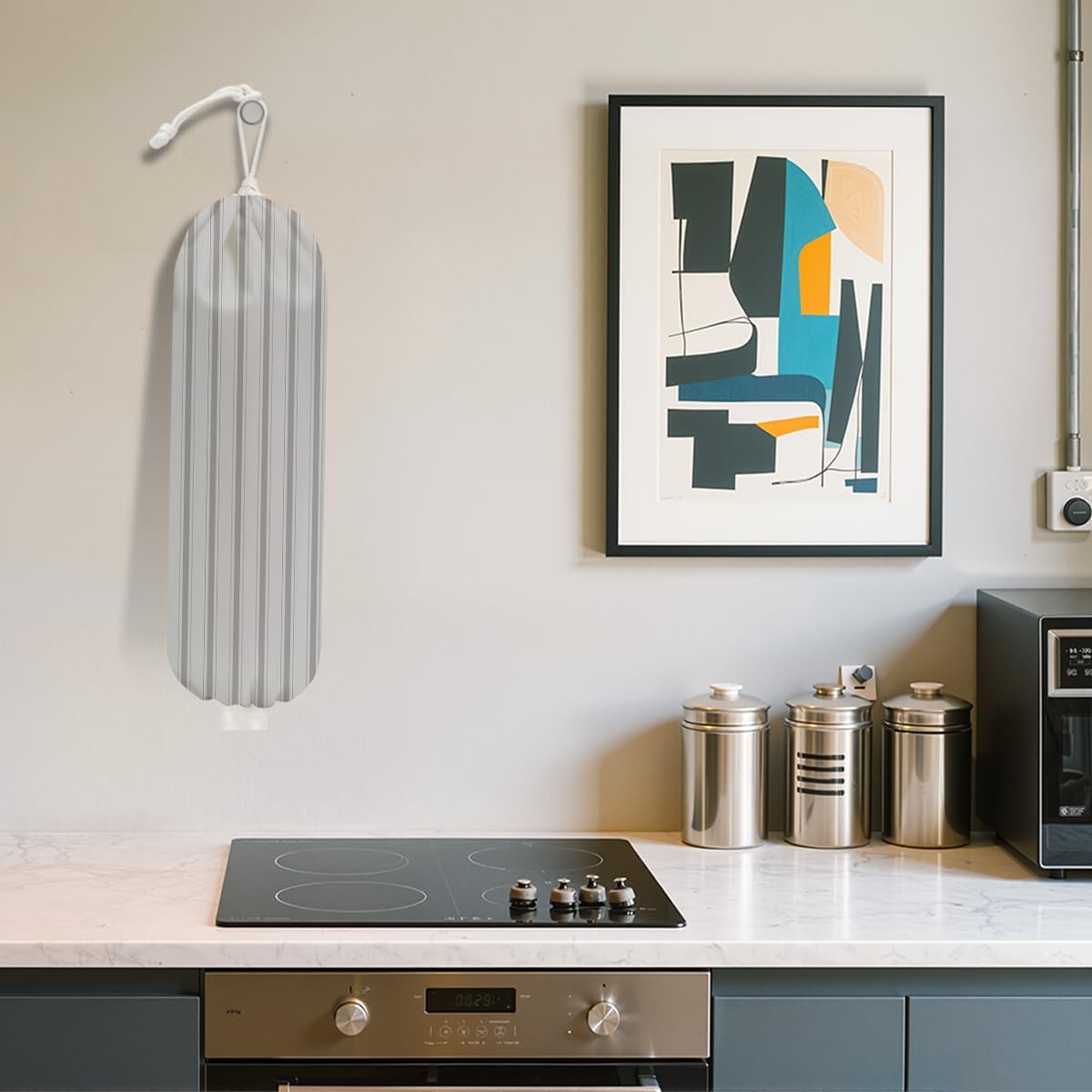 Minimalist Stripe Plastic Bag Holder, Wall Mount Grocery Bag Holder for Plastic Bags, Light Brown Line Reusable Organizer Grocery Bags with Drawstring, Housewarming Gifts for Women Mom