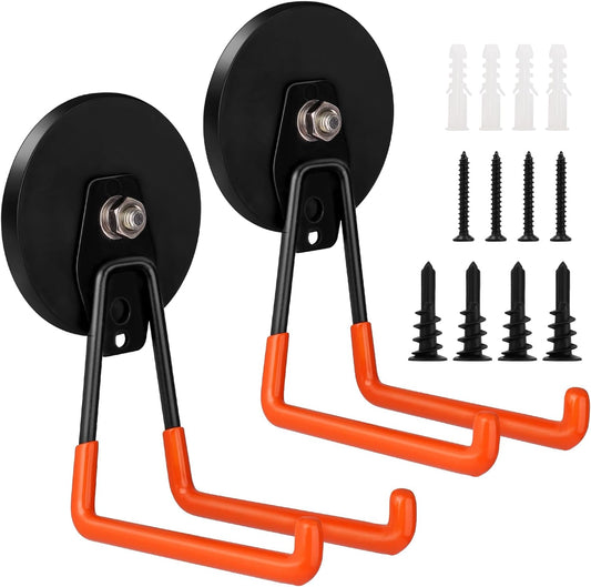 Large Magnetic Hooks Heavy Duty Magnetic Garage Hook,2 Pack Magnet Hooks with Anti-Slip Coating, Strong Storage Utility Magnetic Hook fo Metal Cabinet,Pegboard,Garage Shelve,Garden Tools(Orange,L)