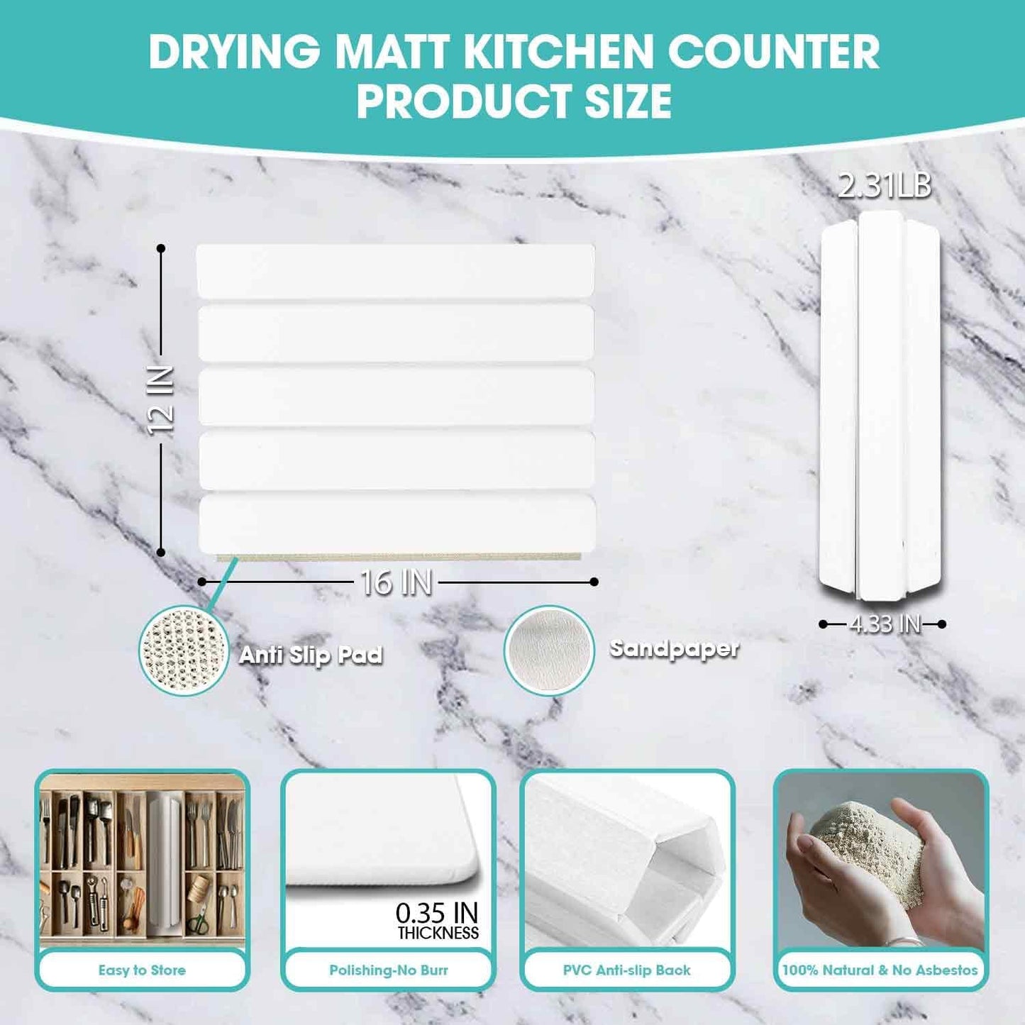 Dish Drying Mat Stone Bath Mat Diatomaceous Earth Stone Drying Mat For Kitchen Counter Sink Bath Mat Quick Dry Non Slip Foldable Dish Drying Rack Mat Small(16"×12" White)