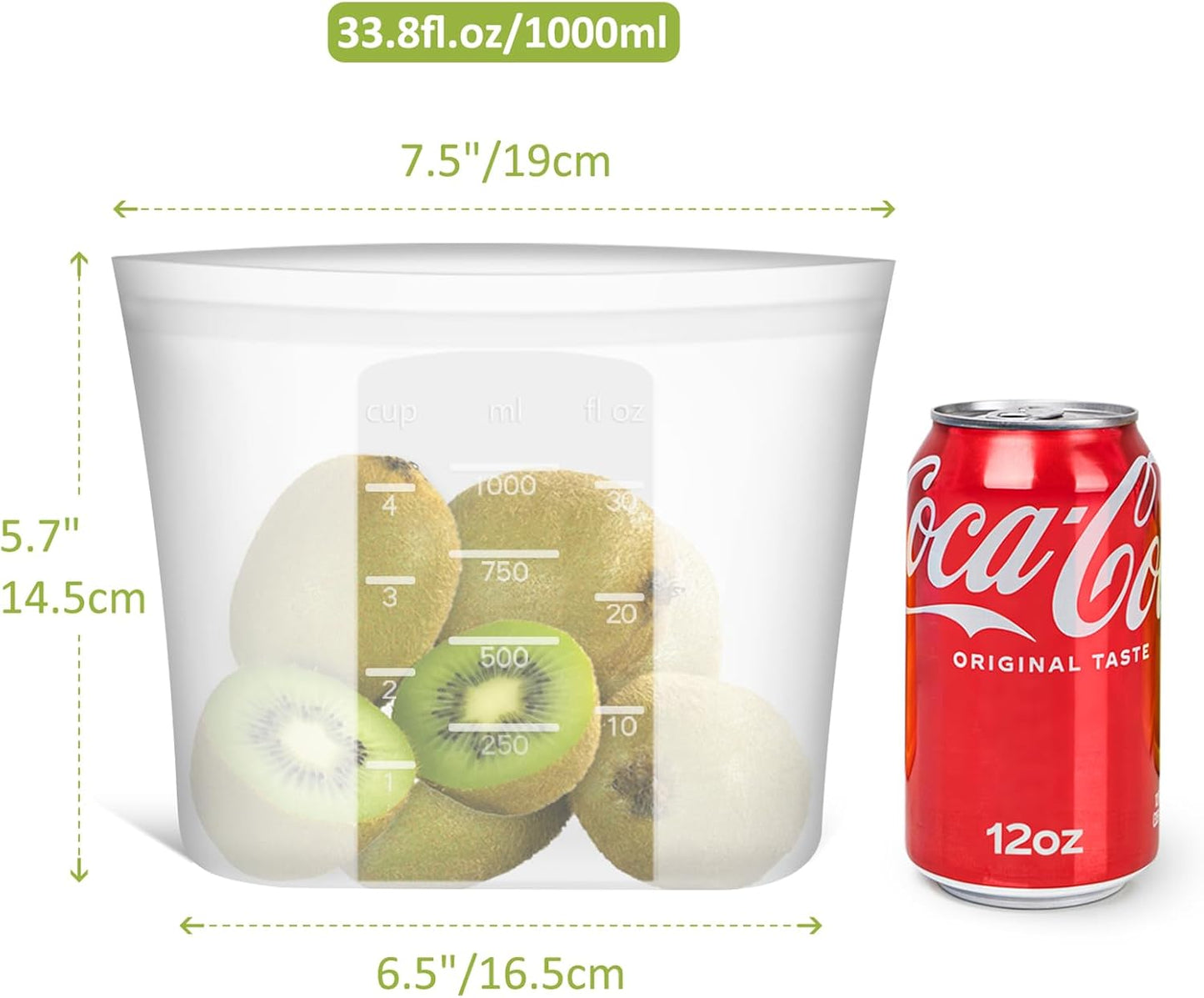 Reusable Silicone Food Storage Bags Quart 4 Pack, Stand Up Ziplock Reusable Freezer Sandwich Bag Containers for Food Travel, Freezer Microwave Oven Dishwasher Safe, Translucent, 33.8fl.oz