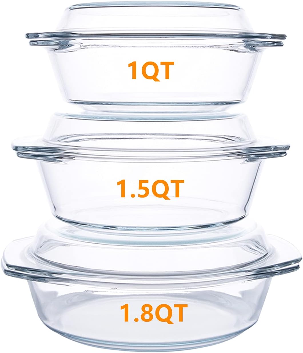 Set of 6 Pieces Round Tempered Glass Casserole Dish with Lids, Glass Casserole Baking Dish Set for Oven, Freezer and Dishwasher Safe - 1QT+1.5QT+1.8QT