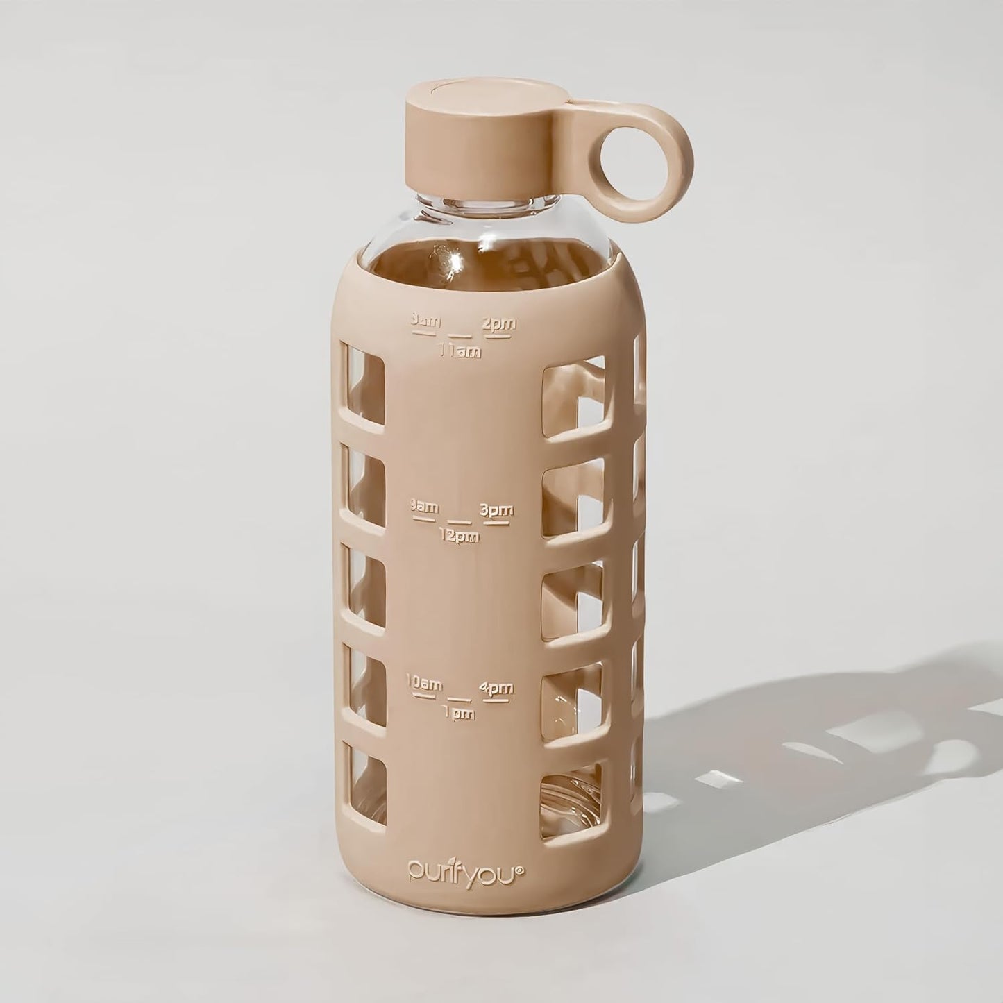 purifyou 40oz / 32oz / 22oz / 12oz Borosilicate Glass Water Bottle with Time & Volume Markers, Silicone Sleeve, Stainless Steel Lid – Reusable Glass Bottle for Water & Juice (22oz Iced Coffee)