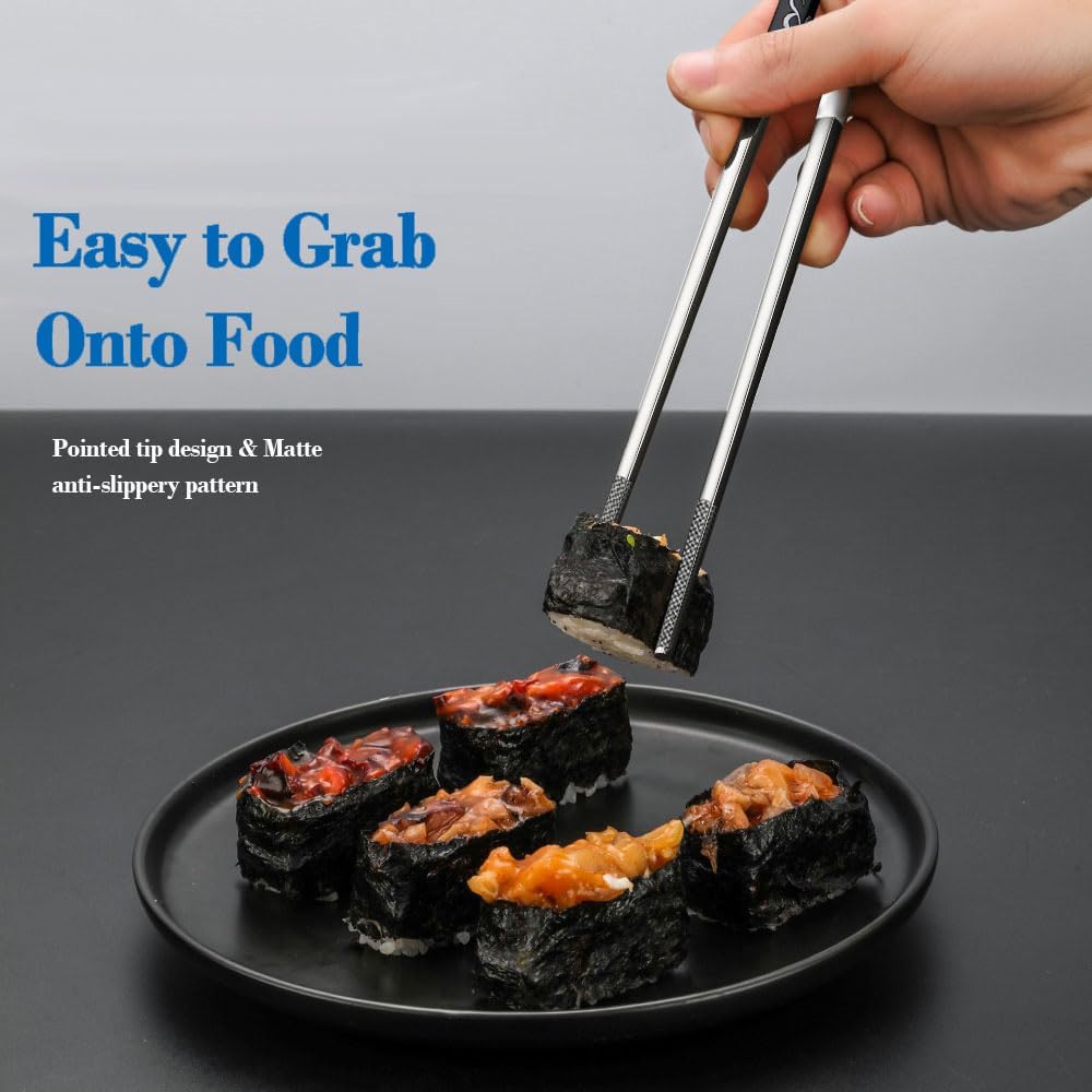 Metal Chopsticks With Case Stainless Steel Chopsticks Titanium Plated Reusable Chopstick lightweight Engraved Non-slip 18/10 Korean Japanese Chinese Chopsticks,Dishwasher Safe 2 Pairs Set(BJ-Black02)