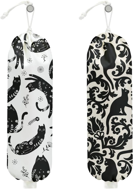 2Pcs Black White Floral Cat Plastic Bag Holder, Wall Mount Grocery Bag Holder for Plastic Bags, Mysterious Cats Reusable Grocery Bags Storage Dispenser for Home Kitchen Decor, Cat Lover Gifts