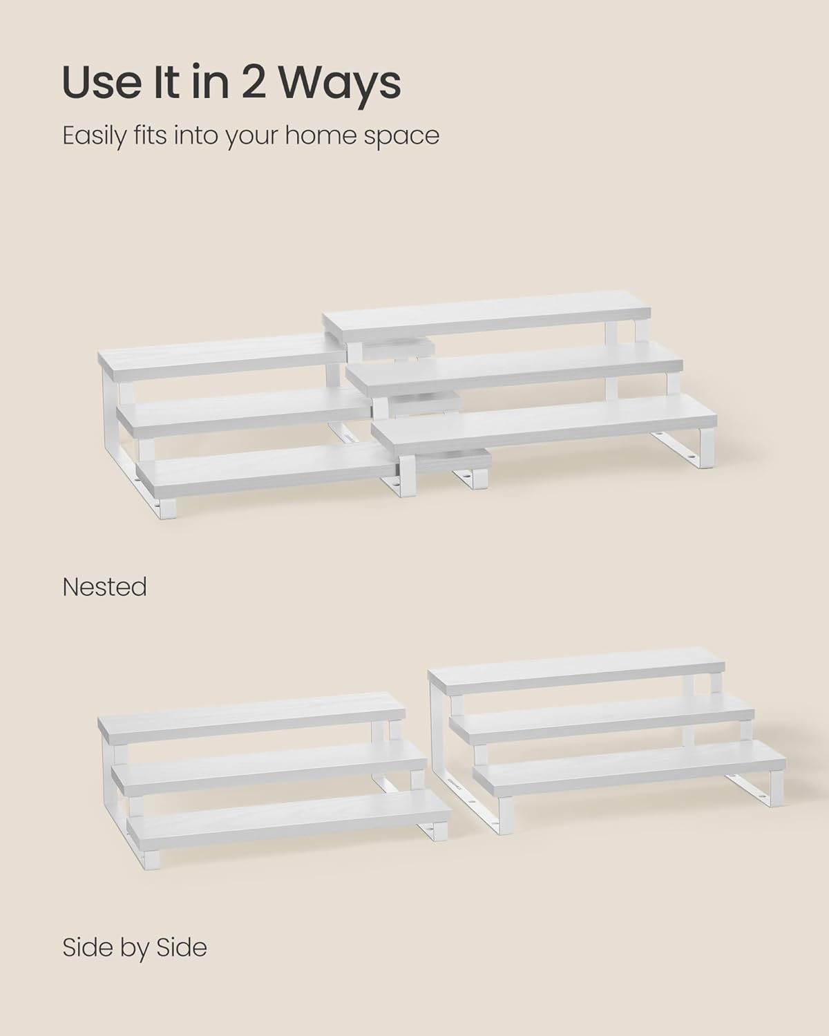 SONGMICS Display Risers, Set of 2 Engineered Wood Perfume Organizer Stand, 3-Tier Cupcake Stand Holder, Spice Rack, Shelf Risers for Figures, Dessert Shelves, Snow White and Cloud White UKCS116W01