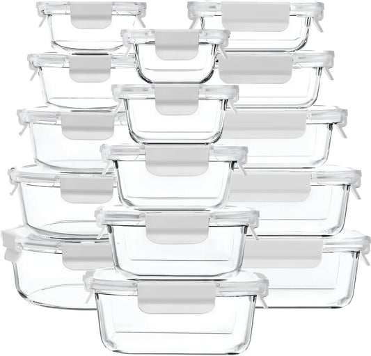 GENICOOK 30 Pieces Glass Food Storage Containers with Snap Locking Lids,Glass Meal Prep Containers Set - Airtight Lunch Containers, Microwave, Oven, Freezer and Dishwasher White