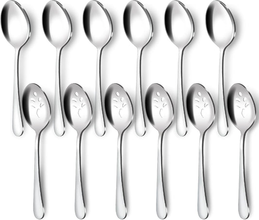 BEWOS 12-Piece Serving Set, 6 Slotted and 6 Regular Spoons, 9.1-Inch Stainless Steel, Dishwasher Safe, Large Serving Spoons For Buffet