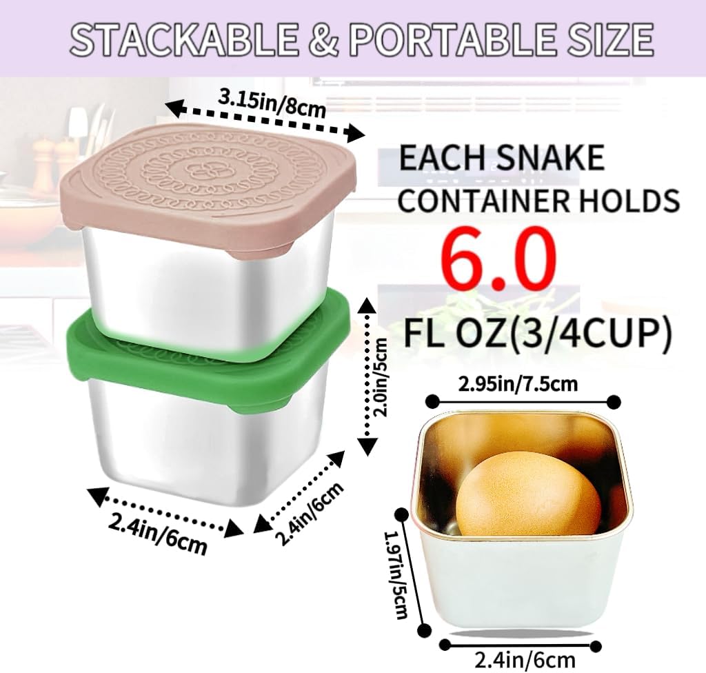 6Pack 6oz Stainless Steel Snack Containers for Kids, Easy Open Leak Proof Metal Toddler Snack Containers with Silicone Lids, Stackable Metal Toddler Lunch Box for School-U.S.Design Patent
