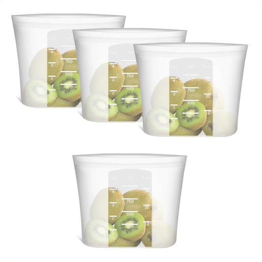Reusable Silicone Food Storage Bags Quart 4 Pack, Stand Up Ziplock Reusable Freezer Sandwich Bag Containers for Food Travel, Freezer Microwave Oven Dishwasher Safe, Translucent, 33.8fl.oz