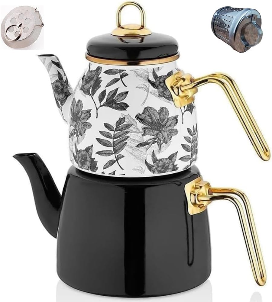 Vintage Turkish Teapot Tea Pots Kettle Set for Stovetop Stove Top Decorative Infuser Party Cups Glasses Floral Unique Boiler Samovar Strainer Loose Leaf Kitchen Style Enamel Decor (White-Black)