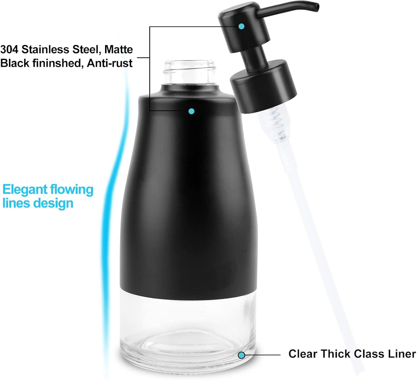 Soap Dispenser with Stickers, Stainless Steel Case Glass Liner Hand Pump Dispenser, Refillable Dish Soap Dispenser for Kitchen Bathroom, Decorative Liquid Hand Soap Dispensers Matte Black(10 OZ)
