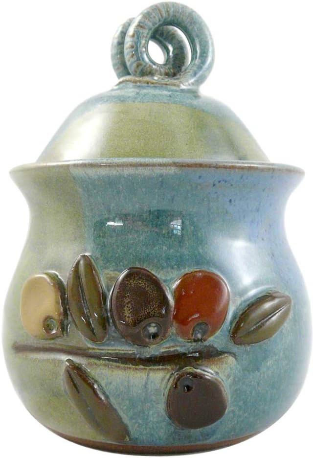 Modern Artisans American Made Stoneware Pottery Garlic Keeper Jar with Olive Motif