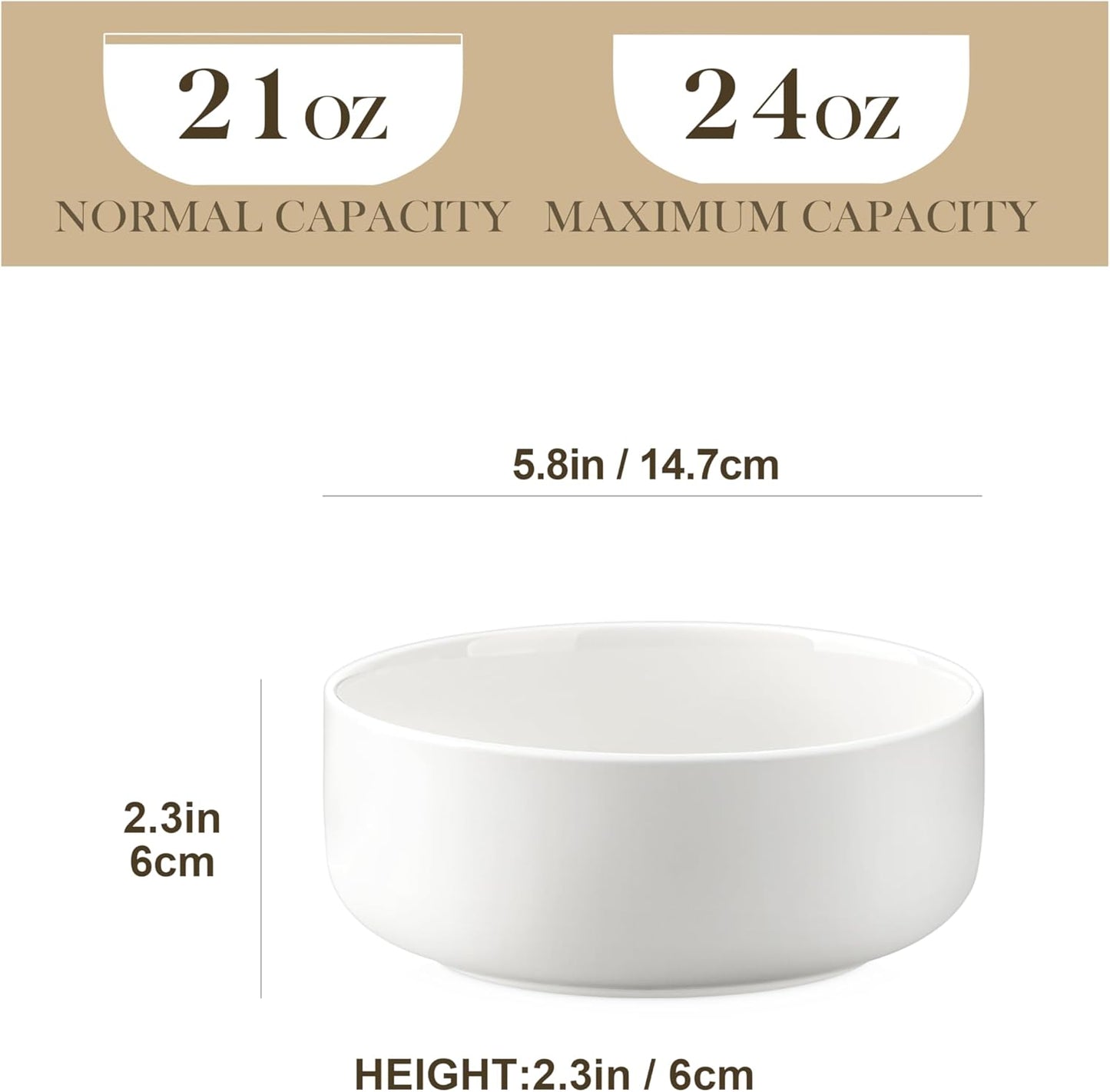 MALACASA 24 OZ Cereal Bowls, 5.8 Inch Soup Bowls Ceramic Bowl Sets of 4, Breakfast Bowls Set for Kitchen, Dishwasher Microwave Oven Safe, White, Series LUNA