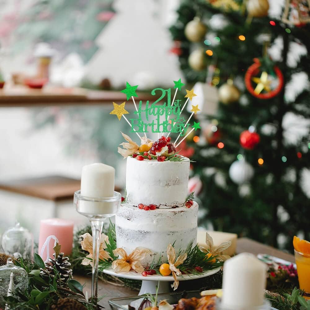 Glittery 21st Happy Birthday Cake Topper with Star,Personalised 21 Birthday Cake Toppers Party Decorations Party Supplies for Boys Girls Green Gold