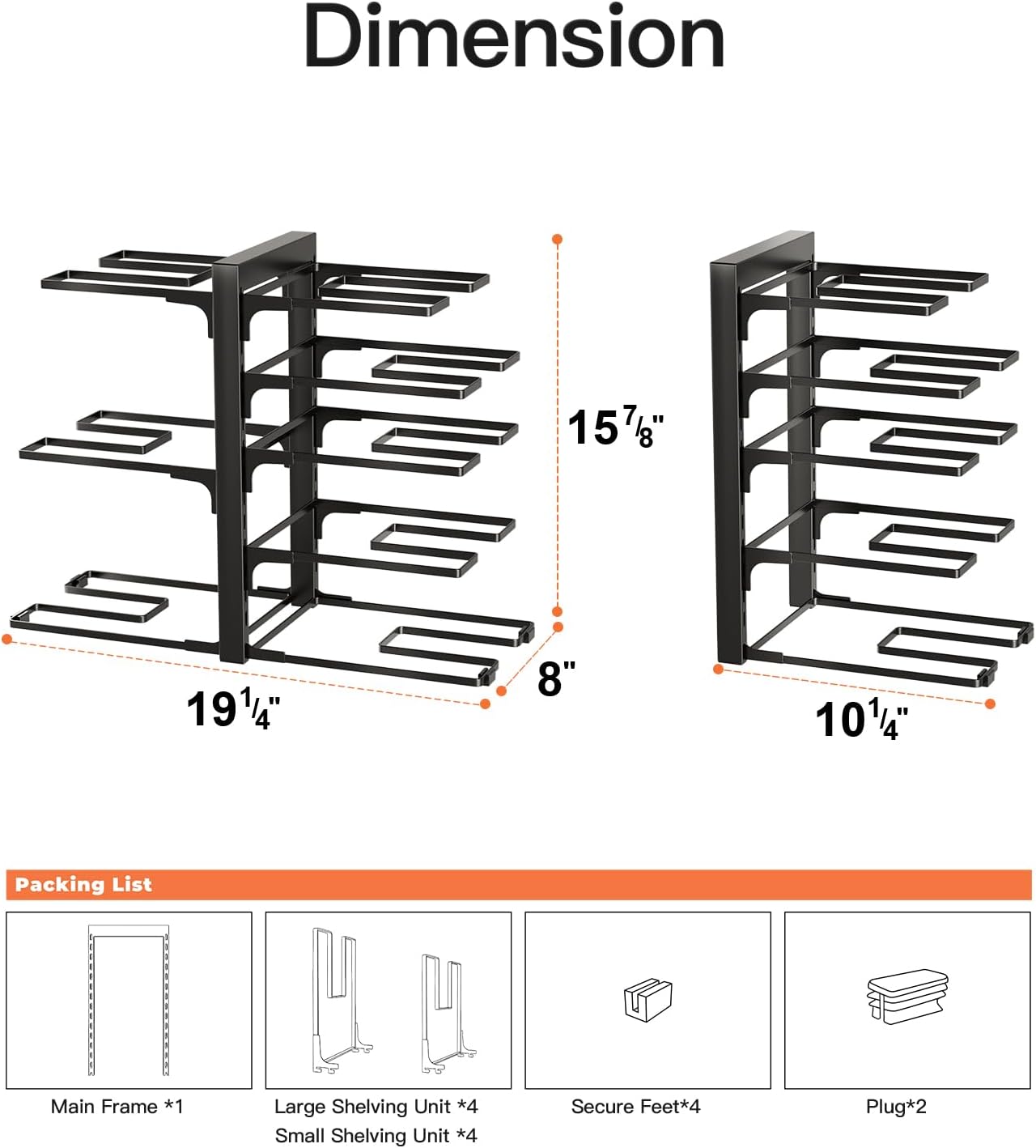 ORDORA Pots and Pans Organizer Rack for Cabinet, 15.83" Height 8-Tier Heavy Duty 120LBS Pot Pan Organizer under Cabinet Adjustable for Dutch Oven, Cast-iron Pan, Heavy Skillets Griddles, Shallow Pot