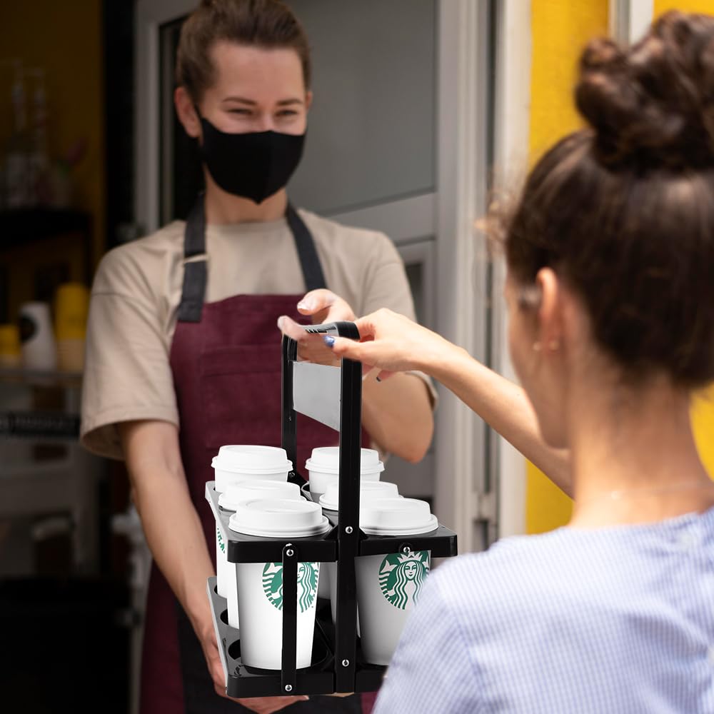 Bodaon 6 Cup Drink Carrier with Handle, Plastic Cup Carriers for Drinks, Drink Holder for Car, GrubHub/Eats Doordash Accessories, Portable Foldable Reusable Mobile, Use for Food Delivery Bag, Black