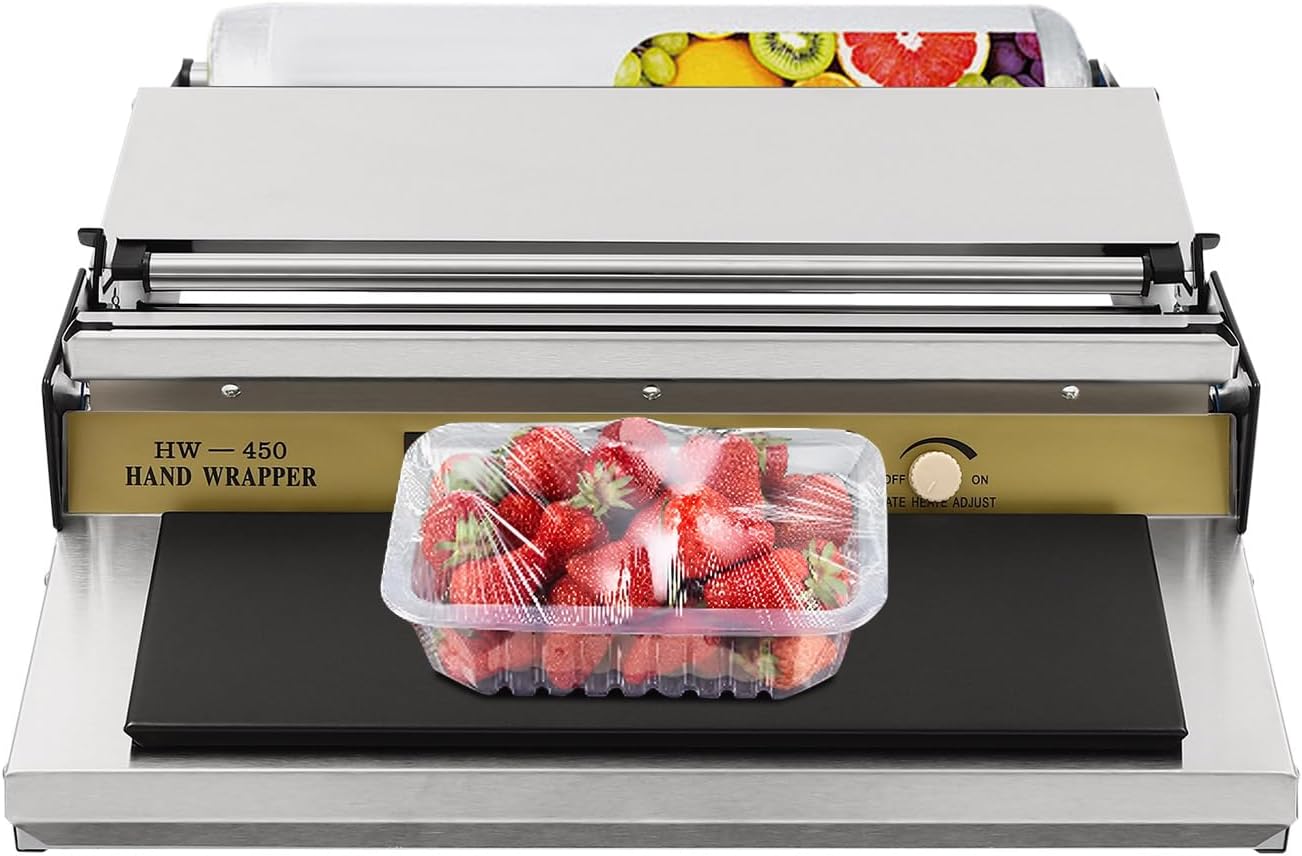 18 Inch/45CM Hand Wrapping Machine Film Wrapper for Food Packaging, Large Tray Cling Film Wrapper Dispenser with 5-Level Adjustable Heat, Cutter and Heating Plate Individual On/Off Control