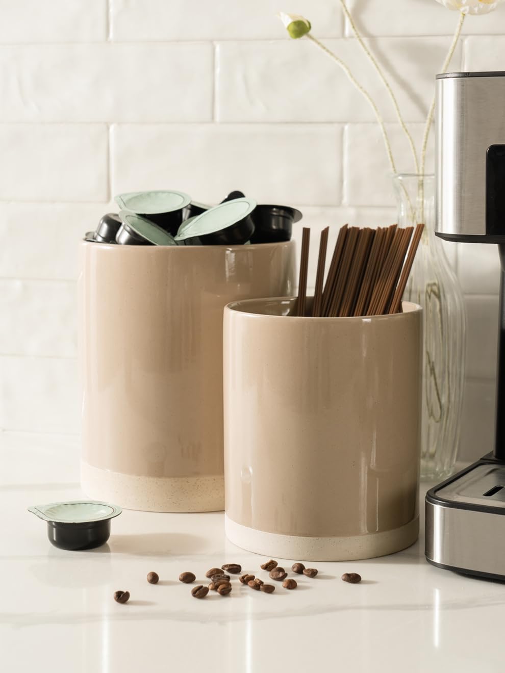 famiware Milkyway Kitchen Utensil Holder for Countertop, 7.2"+5.8" Ceramic Cooking Utensil Crocks for Counter, Utensil Organizer for Spatula & Spoon, Kitchen Decor, Set of 2, Cinnamon Brown