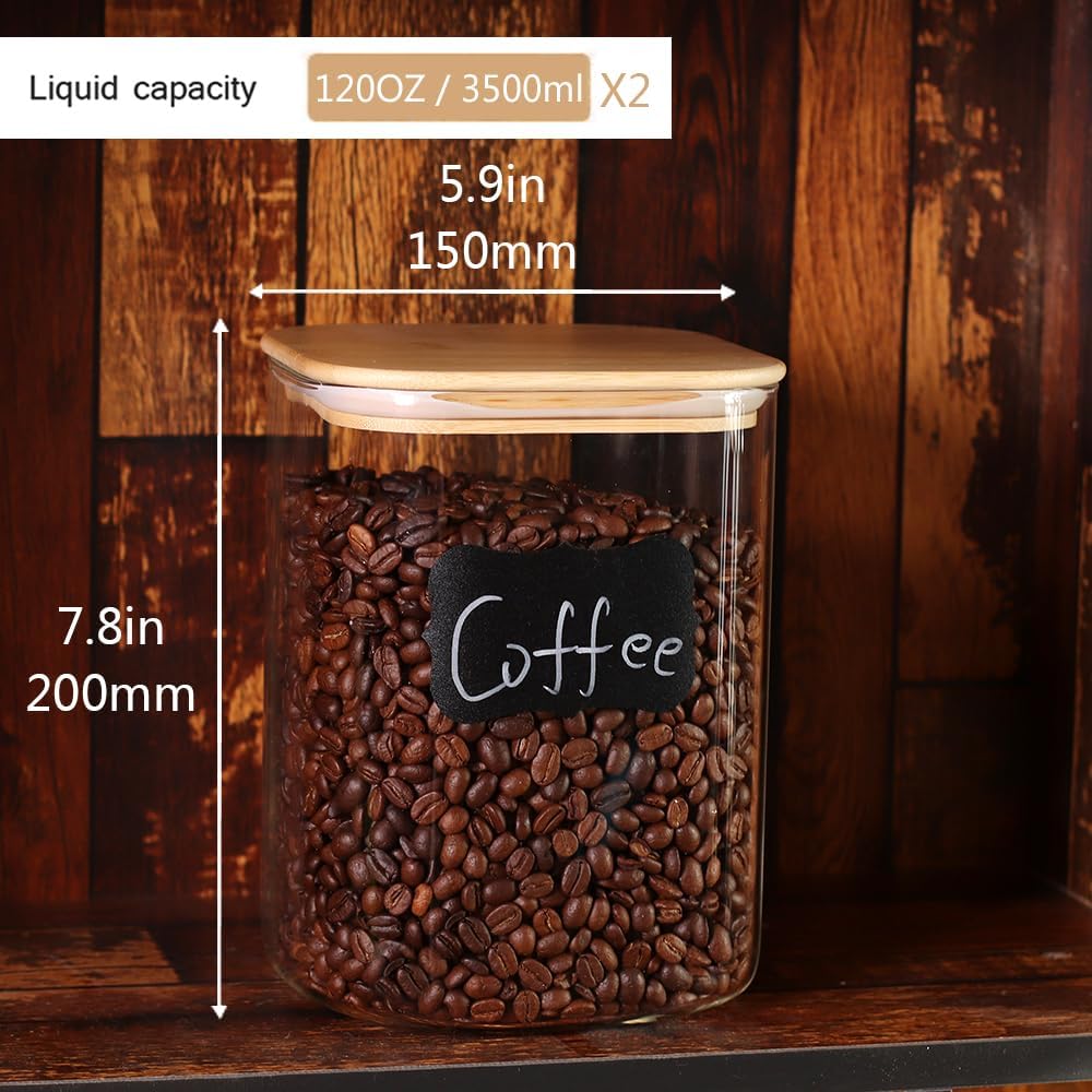 Large Glass Flour and Sugar Containers, Set of 2-120 oz Glass Food Storage Containers with Airtight Lids, Square Glass Jars with Bamboo Lids for Rice, Pasta, Cookies, Sugar