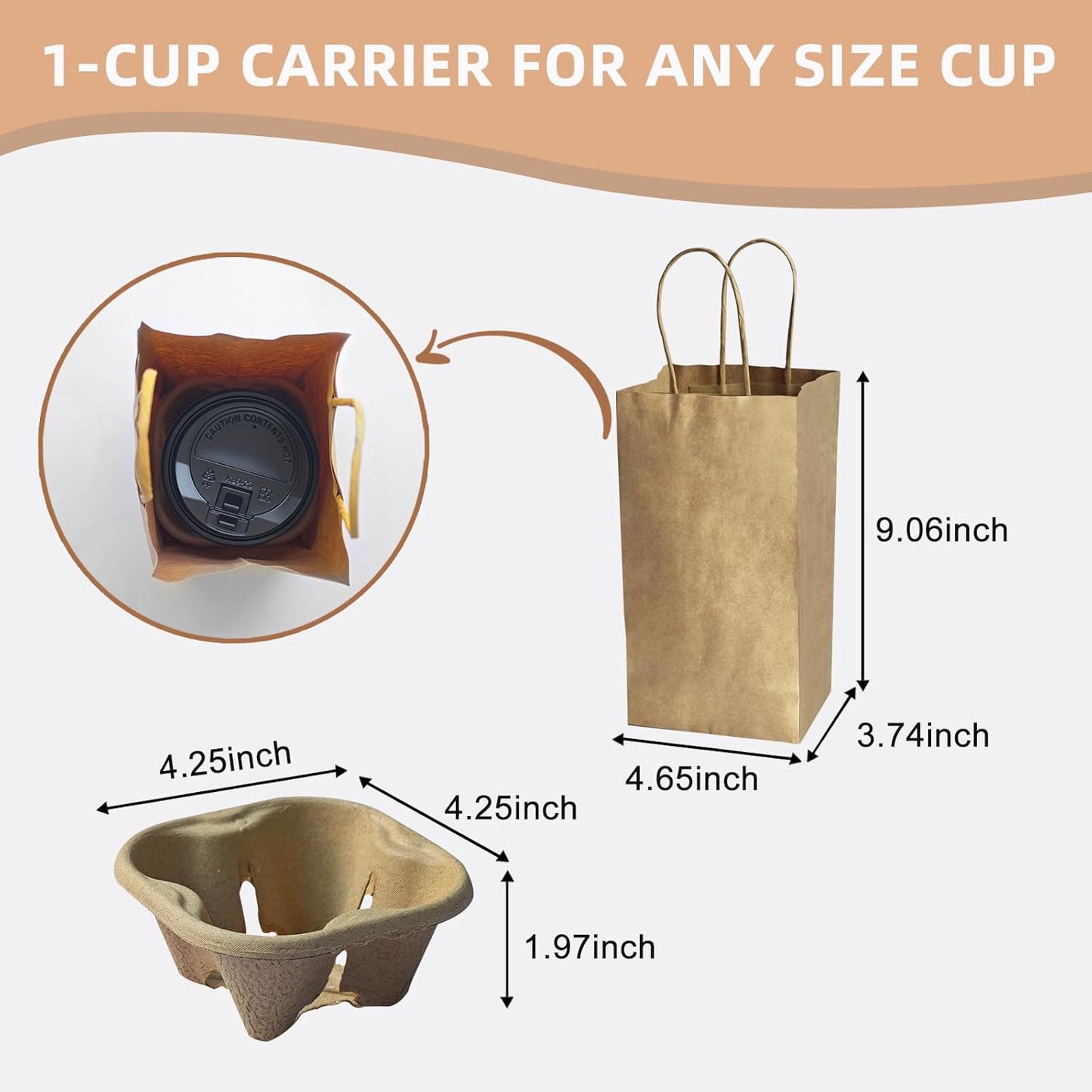 Take-Out Paper Bags And One Drink Paper Trays 100 Pack One Cup Carrier Tray Coffee Cup Holder Disposable Cup Holder Tray,Brown Baper Bags With Handles Bulk (One-cup size)