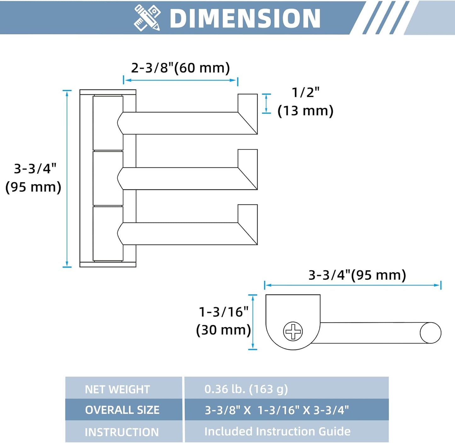 Suyar Bathroom Towel Hook 3 Arms, SUS 304 Stainless Steel Swivel Coat Robe Holder, Towel Hanger Wall Mounted, Brushed Nickel