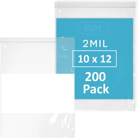 10" x 12" 1 Gallon Zip Bags, 2 Mil Thick Clear Plastic Reclosable Zipper Lock Bags with Write-on White Block, with Resealable Zip Top Lock for Food Storage, A4 Letter Size Paper, 200 Count