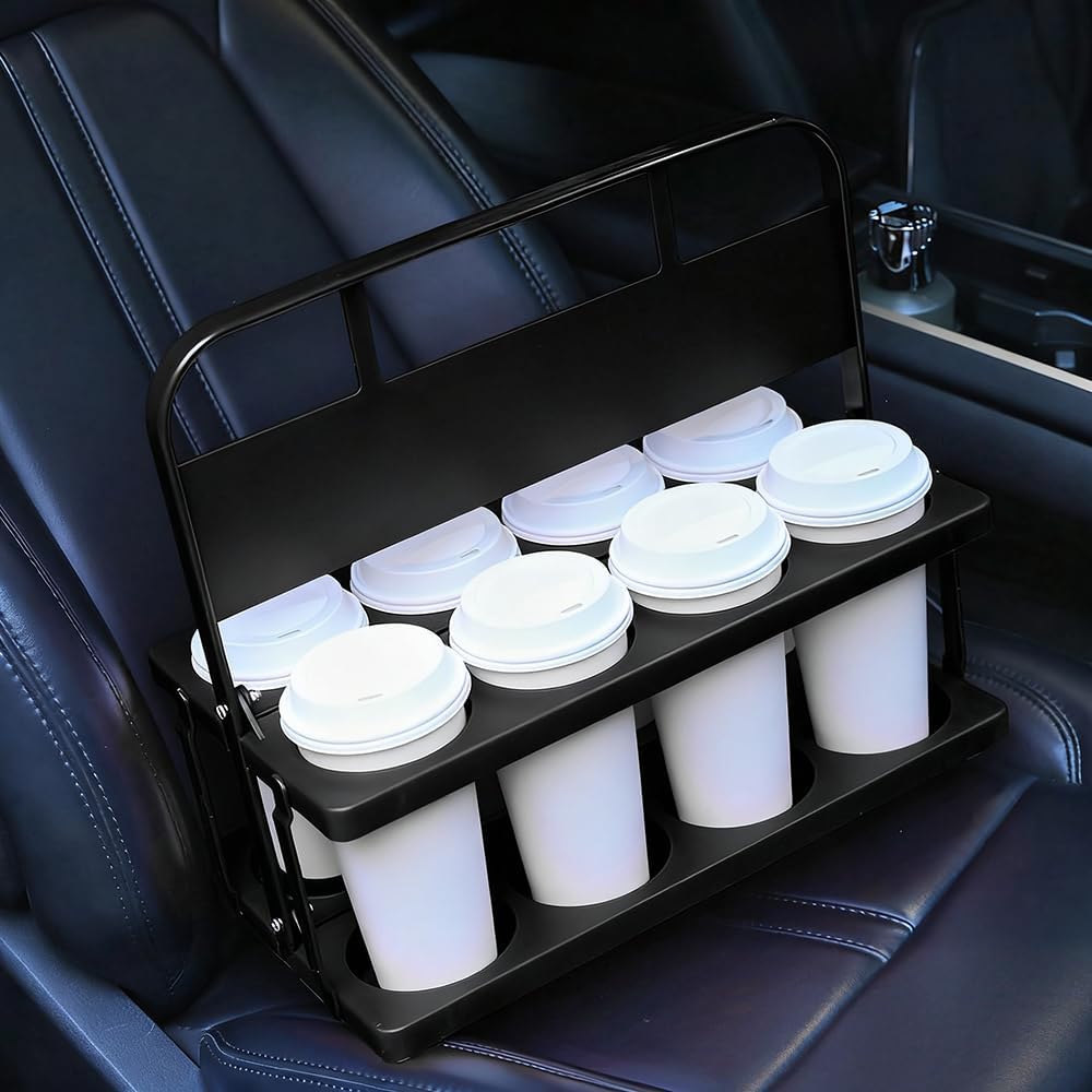 Reusable Drink Carrier with Handle for Doordash, Eats, Grubhub, Portable 8 Cup/Coffee Holder Accessories for Delivery, Foldable Drinks Caddy with Tray, Car Durable Plastic Festive Bottle, Vacation