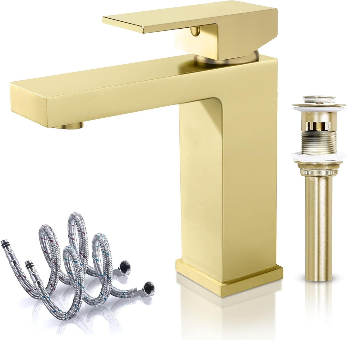 Solid Brass Bathroom Faucet, Gold Bathroom Faucet 1 Hole,CEC & cUPC Certified Lead-Free Single Hole Vanity Gold Faucet with Two Flexible Hoses & Pop Up Drain Stopper